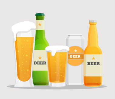 Bira vektör simgeleri ayarlandı, bira şişeleri beyaz arkaplanda etiketlendi