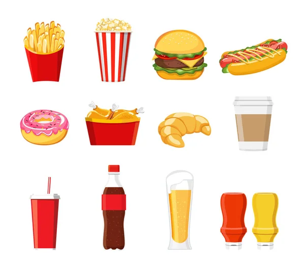 Zestaw Fast Food Ikona Izolowane Białym Tle Wektor Płaski Kolor — Wektor stockowy