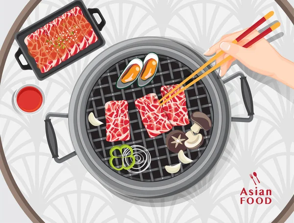 Coreia Porco Bbq Comida Grelhado Sirloin Prato Carne Slide Grill — Vetor de Stock