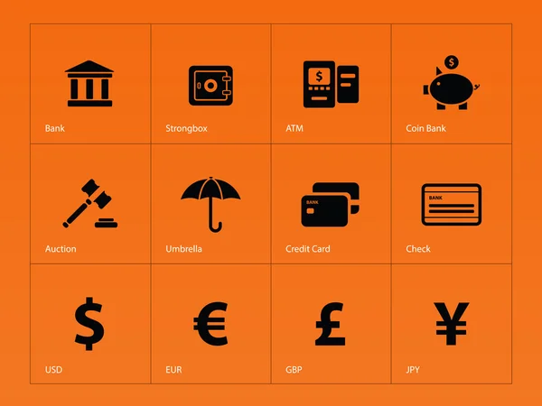 Bancaire pictogrammen op oranje achtergrond. — Stockvector