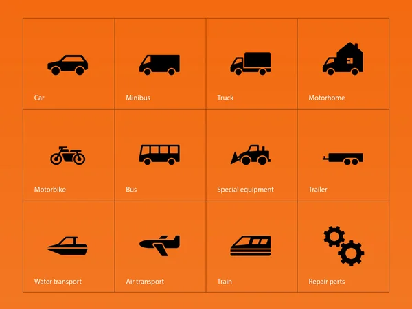 Auto's en vervoer pictogrammen op oranje achtergrond. — Stockvector
