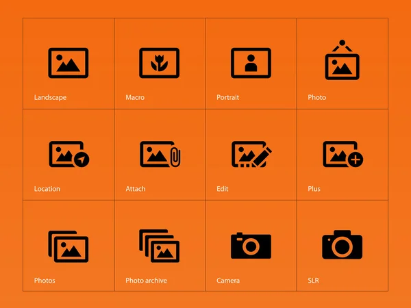 Fotografien und Kamerasymbole auf orangefarbenem Hintergrund. — Stockvektor