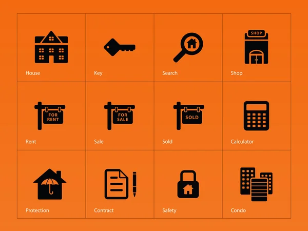 Icônes immobilières sur fond orange . — Image vectorielle