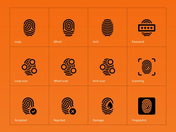 Iconos de huellas dactilares sobre fondo naranja . — Vector de stock