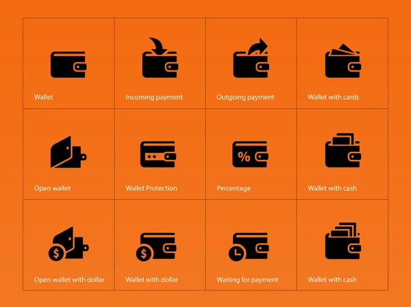 Portefeuille et icônes de traduction sur fond orange — Image vectorielle