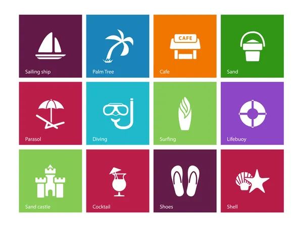 Beach icons on color background. — Stock Vector