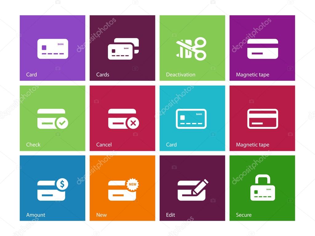 Credit card icons on color background.