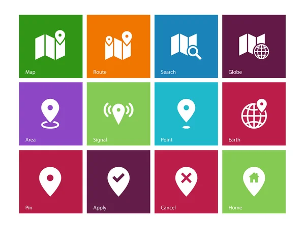 Kartensymbole auf farbigem Hintergrund. GPS und Navigation. — Stockvektor