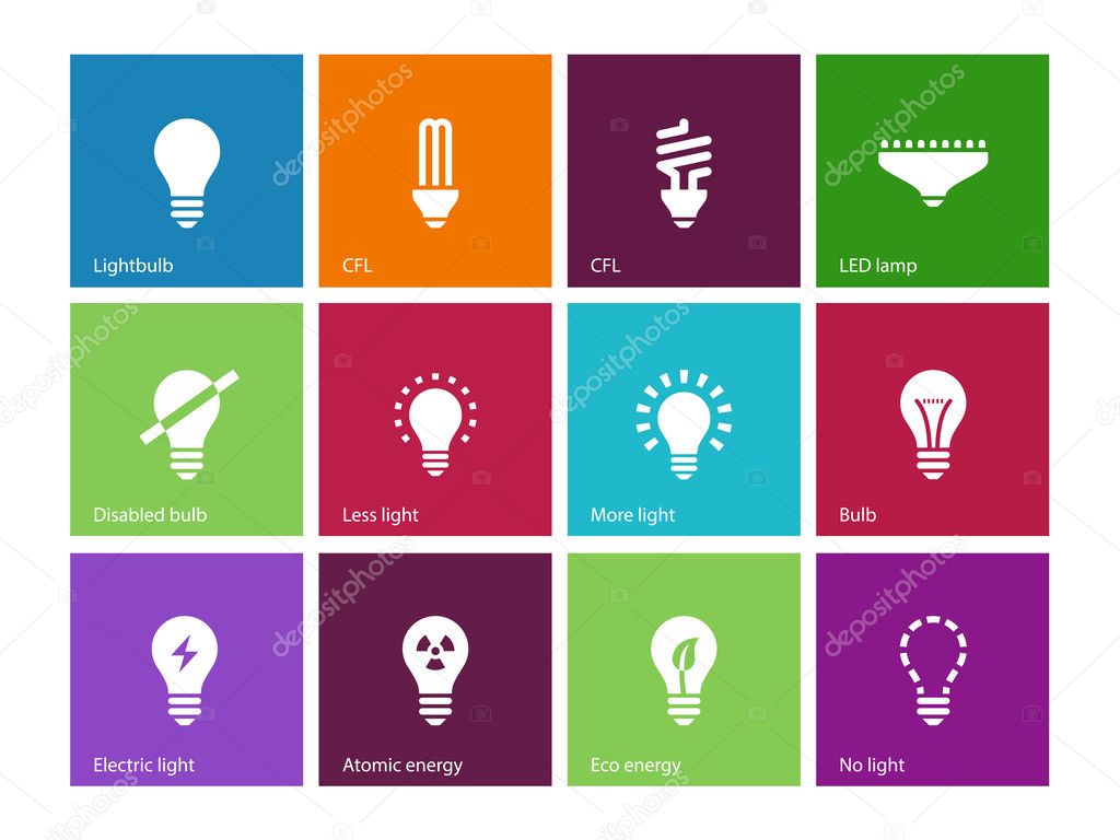 Light bulb and CFL lamp icons on color background.