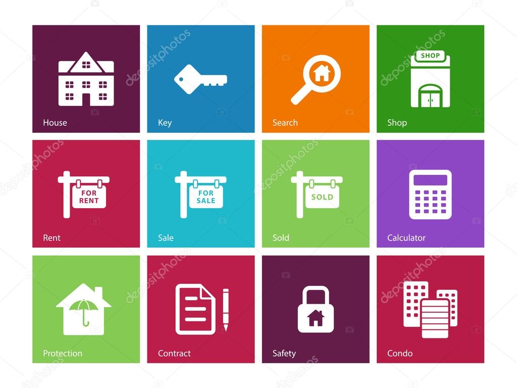 Real Estate icons on color background.