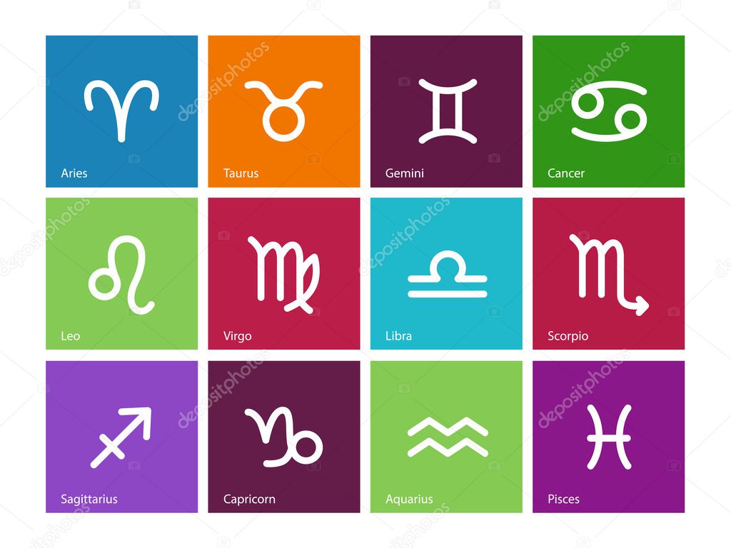 Zodiac icons on color background.