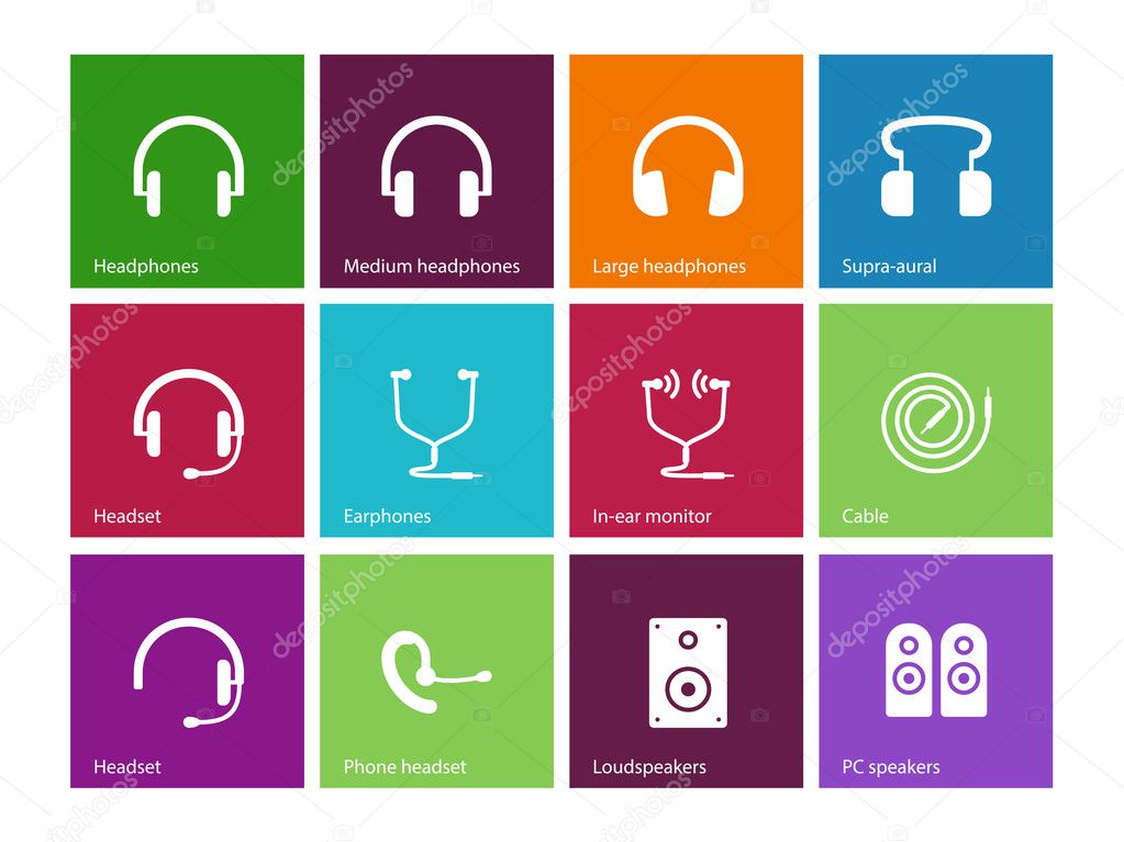Headphones and speakers icons on color background.