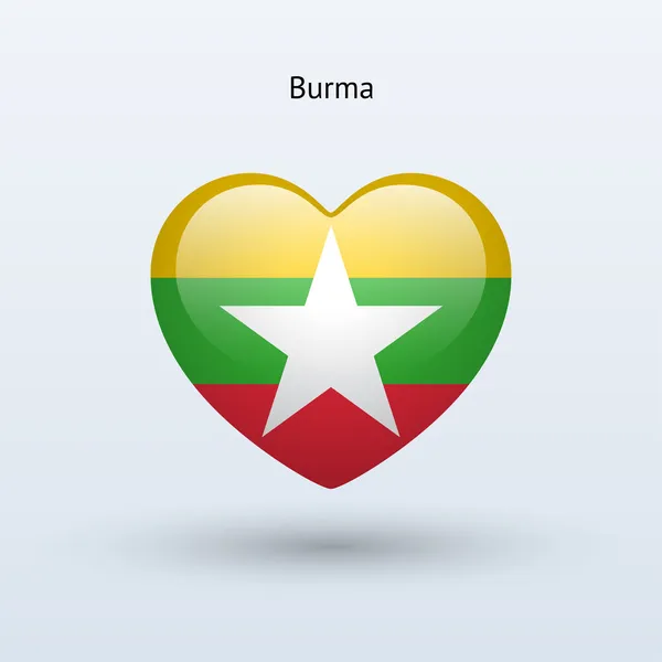 Adoro o símbolo da Birmânia. Ícone da bandeira cardíaca . — Vetor de Stock