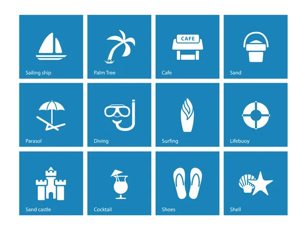 Beach icons on blue background. — Stock Vector