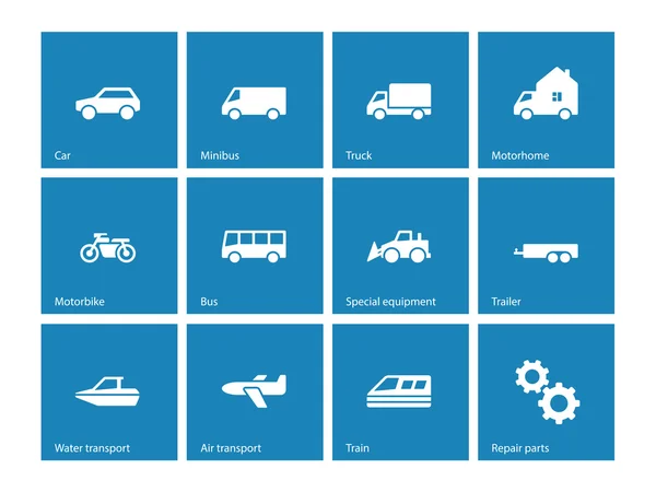 Carros e ícones de transporte no fundo azul . —  Vetores de Stock