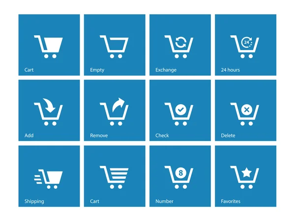 Iconos de carrito de compras sobre fondo azul . — Vector de stock