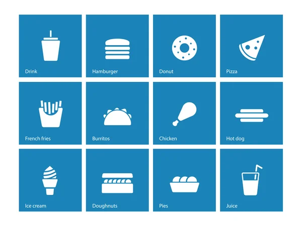 Iconos de comida rápida sobre fondo azul . — Vector de stock