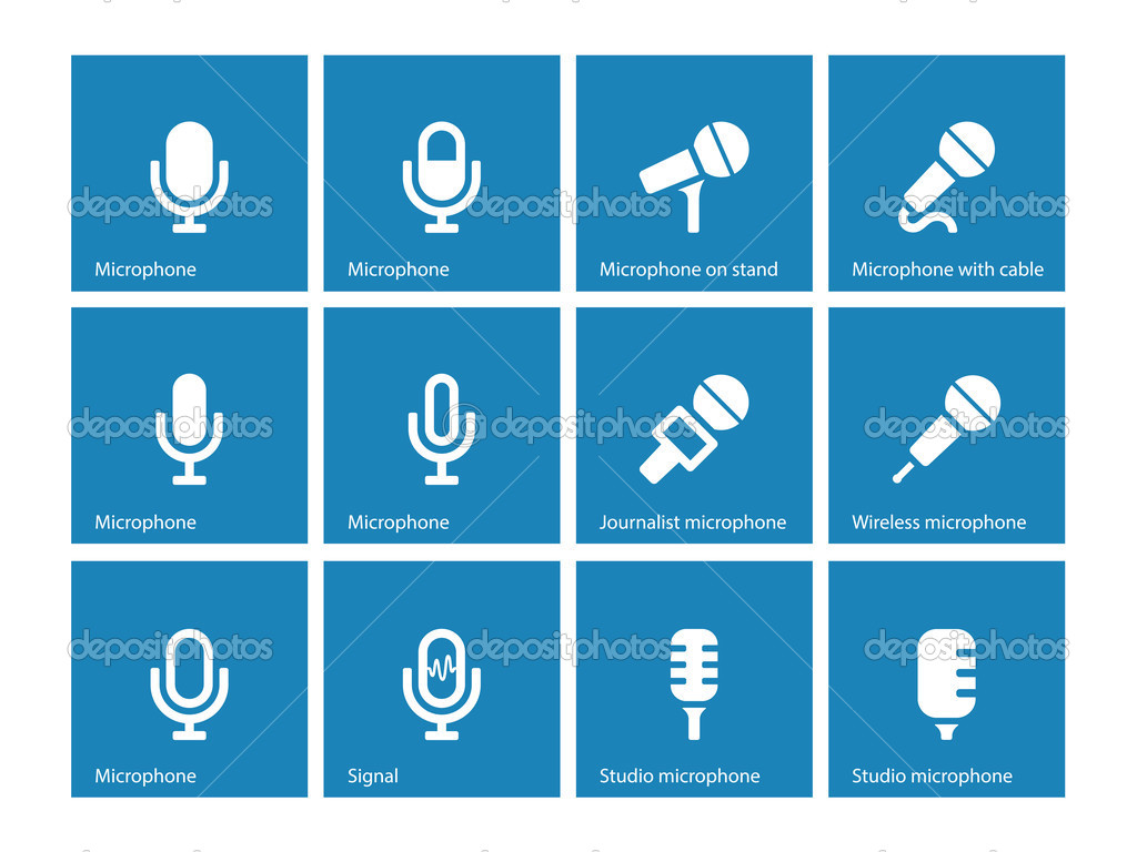 Microphone icons on blue background.