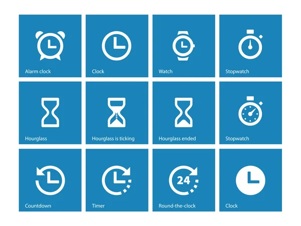 Čas a hodiny ikony na modrém pozadí. — Stockový vektor