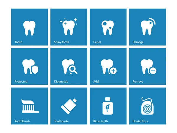 Tandheelkundige pictogrammen op blauwe achtergrond. — Stockvector