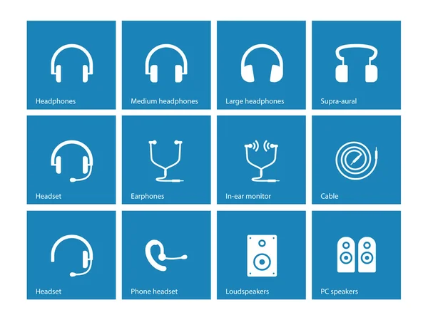 Écouteurs et haut-parleurs icônes sur fond bleu . — Image vectorielle