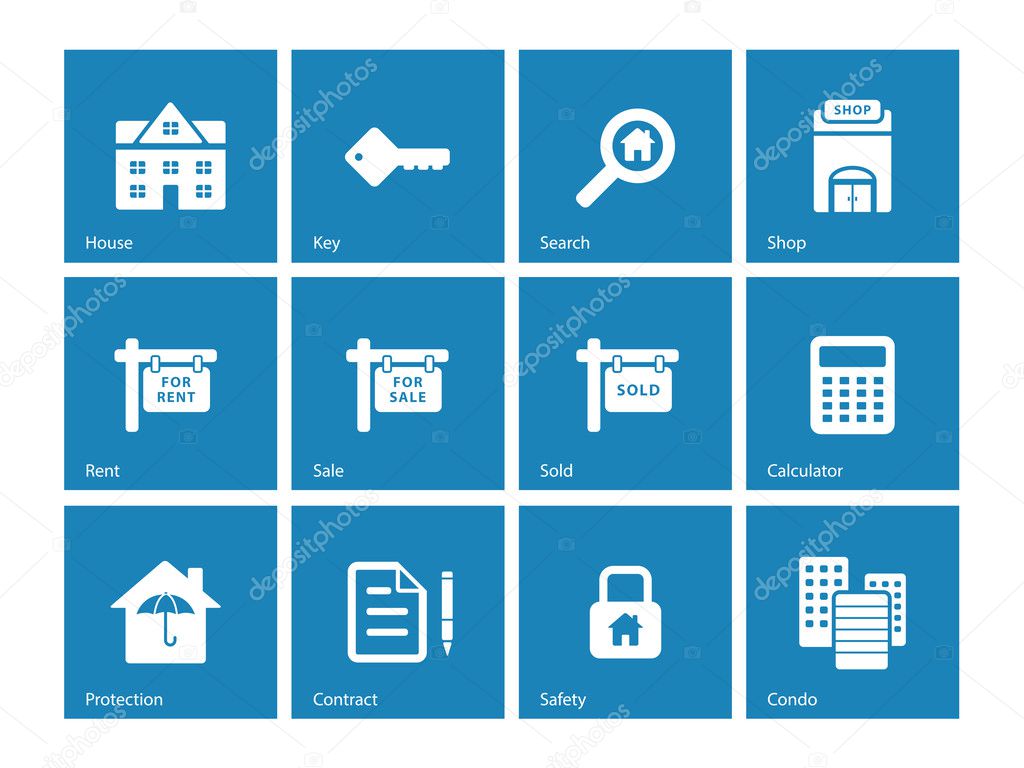 Real Estate icons on blue background.