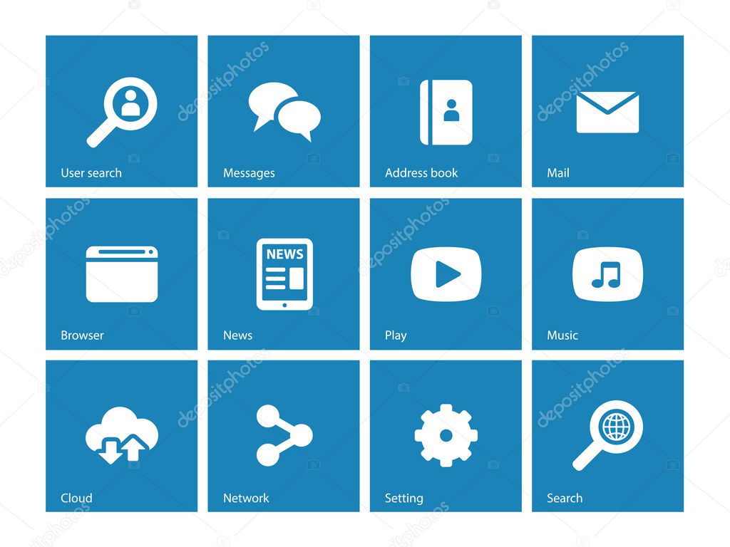 Web icons on blue background.