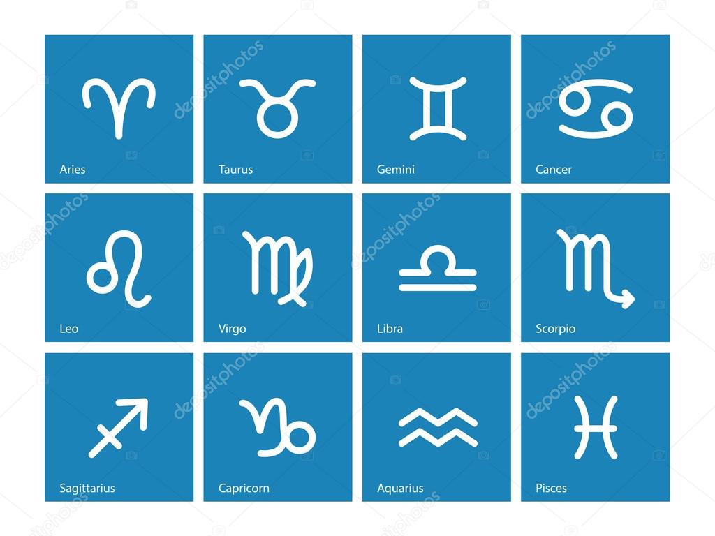 Zodiac icons on blue background.