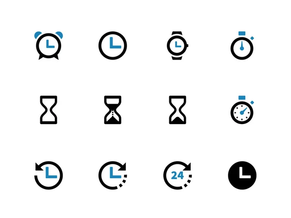 Duotonsymbole für Uhrzeit und Uhrzeit auf weißem Hintergrund. — Stockvektor