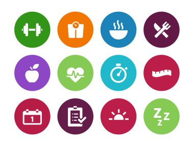 Beyaz arka plan üzerinde Fitness daire simgeler.