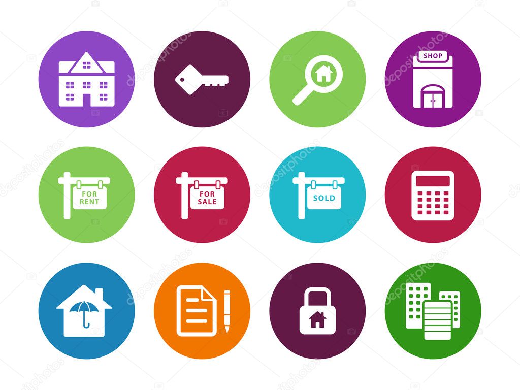 Real Estate circle icons on white background.