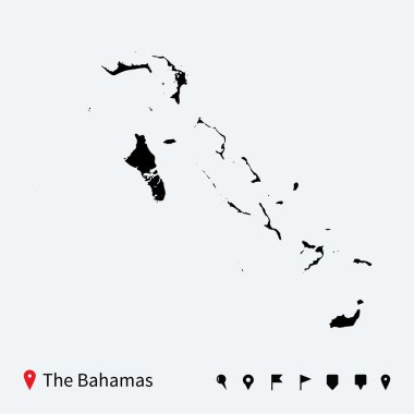 yüksek Detaylı vektör gezinti pimleri ile Bahamalar Haritası.