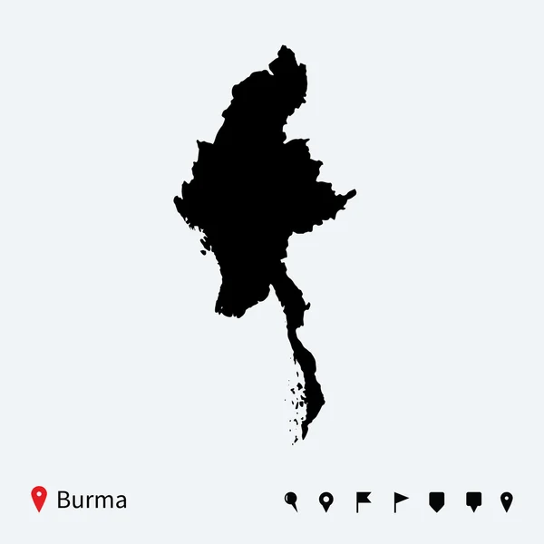 Alto mapa vectorial detallado de Birmania con pines de navegación . — Vector de stock