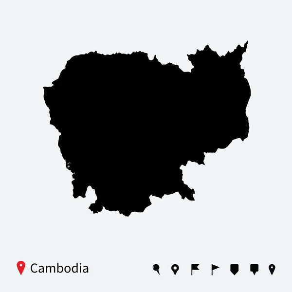 High detailed vector map of Cambodia with navigation pins. — Stock Vector