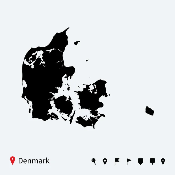 Χάρτη υψηλής λεπτομερείς διάνυσμα της Δανίας με καρφίτσες πλοήγησης. — Διανυσματικό Αρχείο