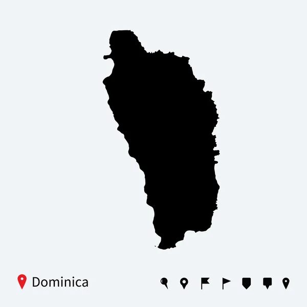 Mapa wysoki szczegółowe wektor Dominiki z nawigacji szpilki. — Wektor stockowy