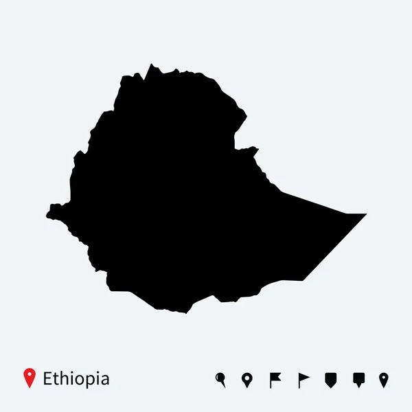 Vysoce detailní vektorová mapa Etiopie s navigačních piny. — Stockový vektor