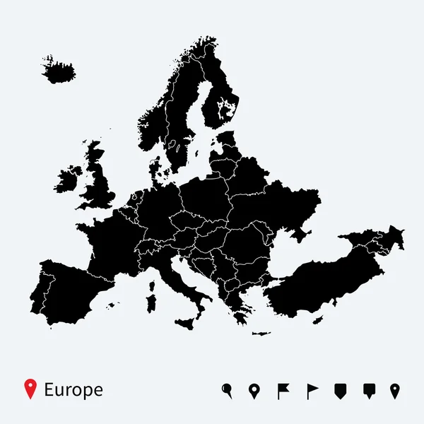 Hoch detaillierte politische Karte Europas mit Navigationsnadeln. — Stockvektor