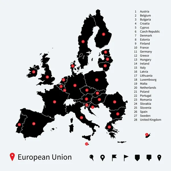 Mapa vectorial detallado de la Unión Europea con pines de navegación . — Archivo Imágenes Vectoriales