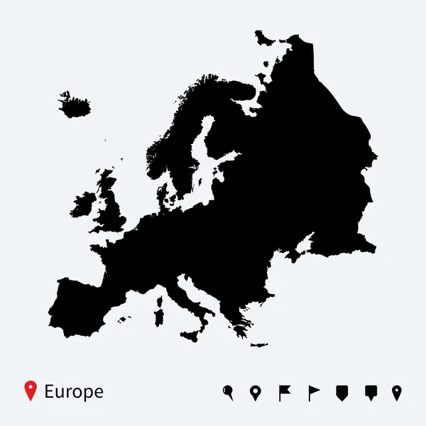 Alto mapa vectorial detallado de Europa con pines de navegación . — Vector de stock