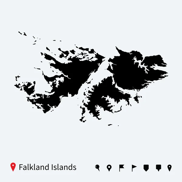 Mapa vectorial detallado de Islas Malvinas con alfileres . — Vector de stock