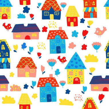 Şirin karalama renkli evlerin kusursuz deseni