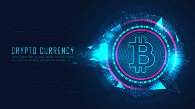 Örnek metinlerle birlikte fütüristik grafik konseptinde Bitcoin kripto para birimi, Vektör çizer