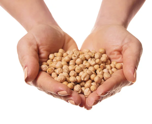 Garbanzos Crudos Las Manos Sobre Fondo Blanco Aislado Fotos De Stock