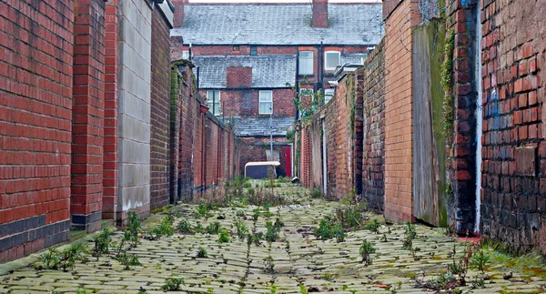 Looking down inner city cobblestone alley — Stock Photo, Image