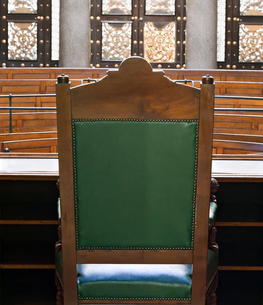 Looking into courtroom from behind judges chair — Stock Photo, Image