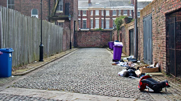 在狭窄的鹅卵石小巷中排队的垃圾回收箱 — 图库照片