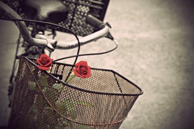 Red roses in basket of old rusty bicycle vintage style clipart