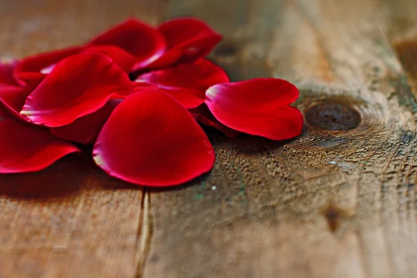 Pétalos de rosa roja sobre un fondo rústico de madera —  Fotos de Stock