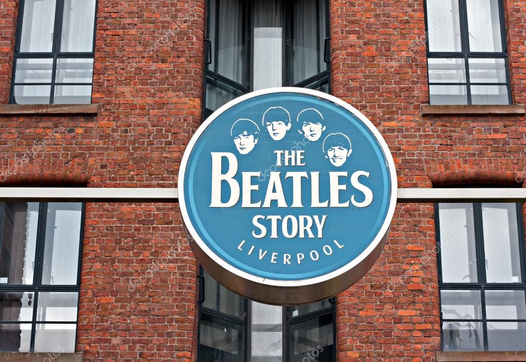 The Beatles Story Exhibition Sign, at Albert Dock, Liverpool, UK. A popular tourist attraction.